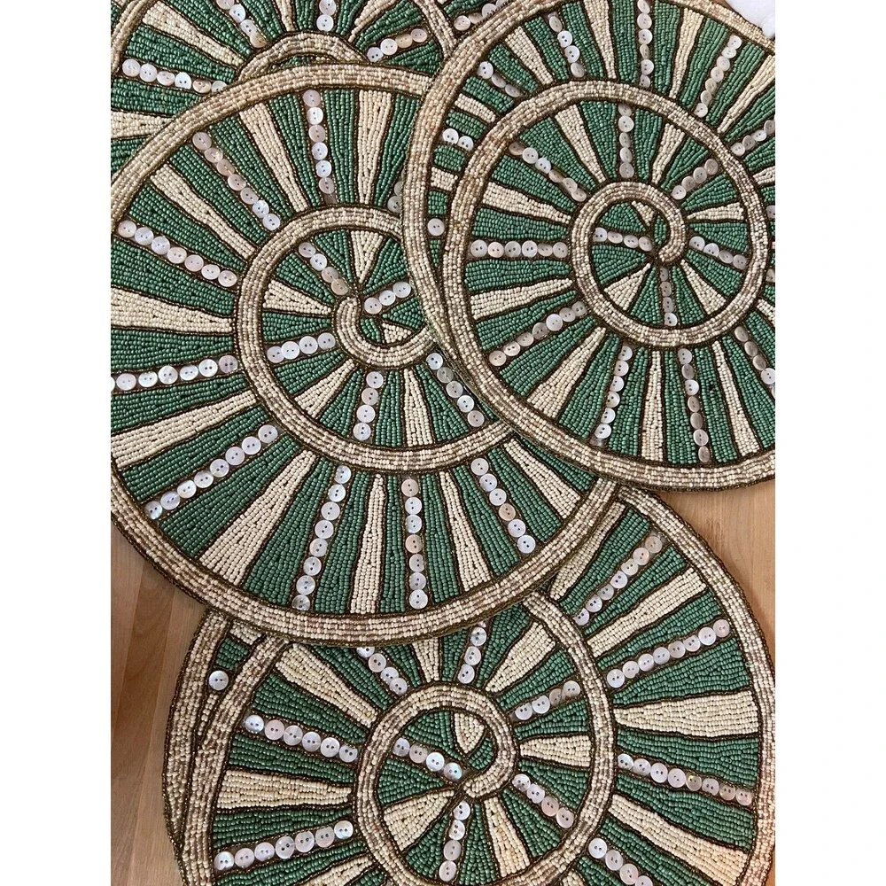Pier 1 vintage placemat snail beaded green ivory beaded heavy large set of 4